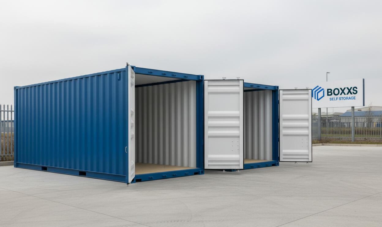 Alternate view of two Boxxs self storage containers with open doors at the Linlithgow site, offering secure and flexible storage for Falkirk and West Lothian customers